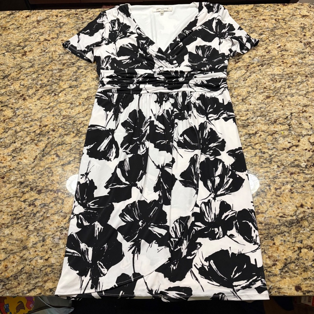 Evan-Picone Womens Black White Floral Ruched Empire Waist Wrap Dress Size 12 ws
